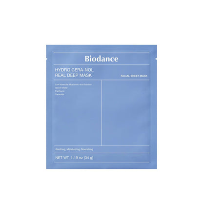 Front view of the blue Biodance Hydro Cera-nol Real Deep Mask individual sheet mask.