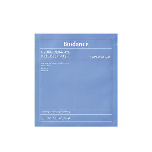 Front view of the blue Biodance Hydro Cera-nol Real Deep Mask individual sheet mask.