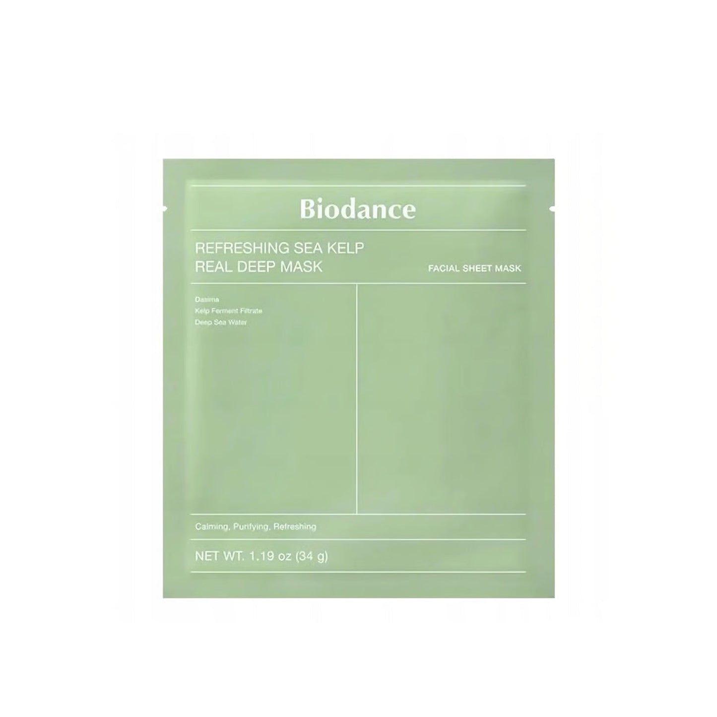 Front packaging of Biodance Refreshing Sea Kelp Real Deep Mask in light green