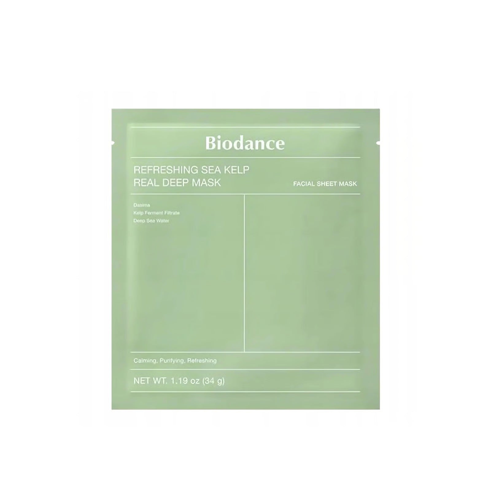 Front packaging of Biodance Refreshing Sea Kelp Real Deep Mask in light green