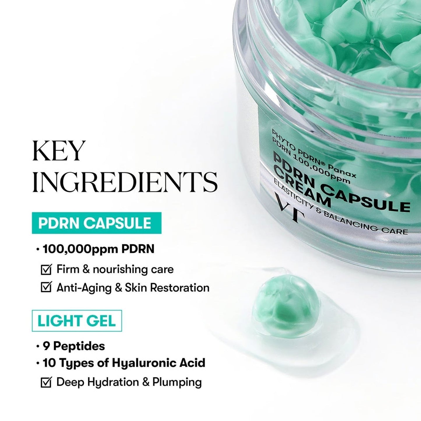 Close-up of a PDRN capsule and gel with a list of key ingredients.