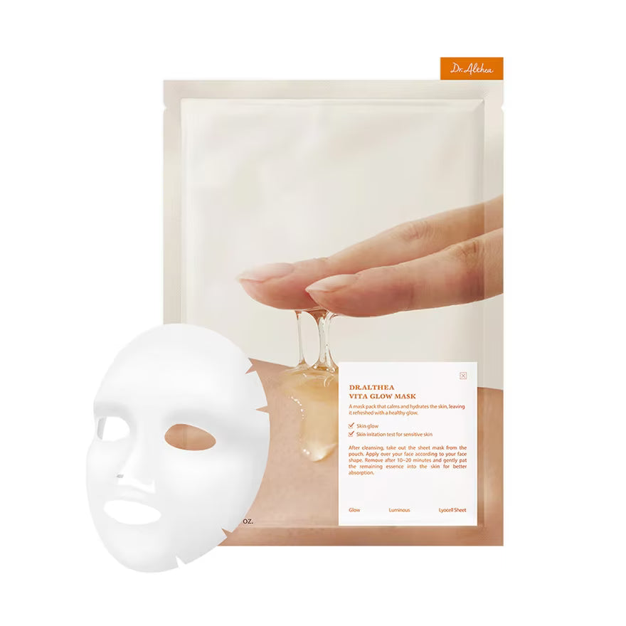Dr. Althea Vita Glow Mask packaging with a white Lyocell sheet mask designed for deep hydration and a healthy glow.