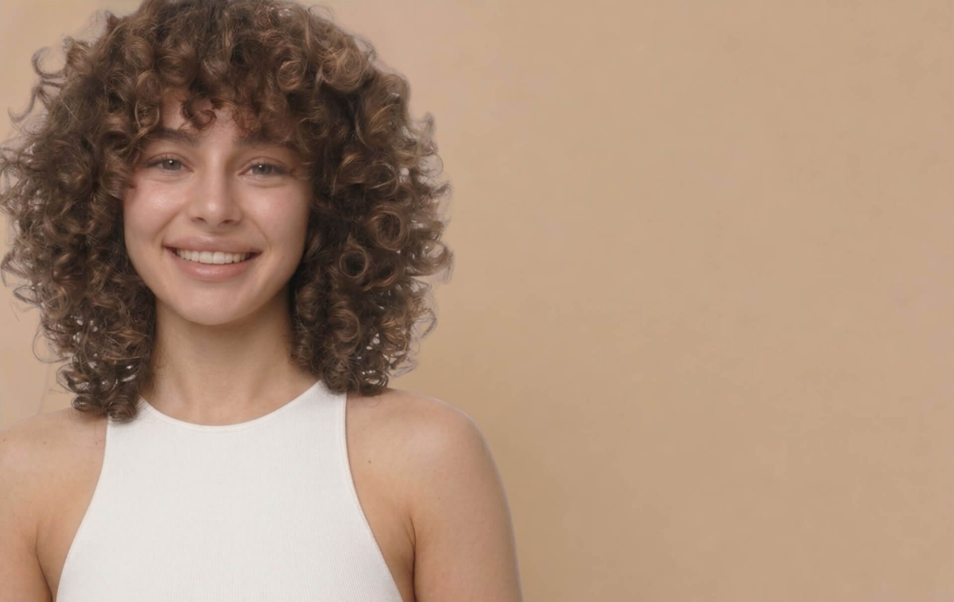 Smiling woman with curly brown hair on a beige background.