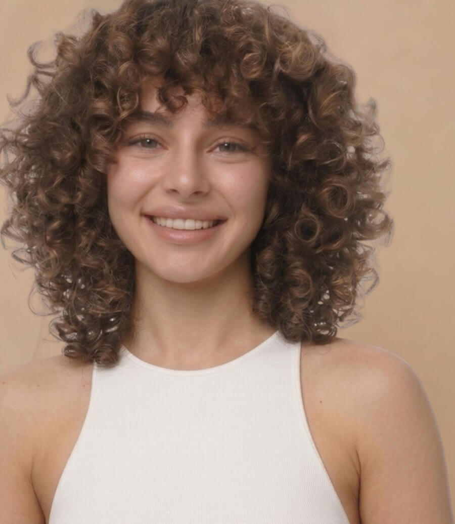 Smiling woman with curly brown hair on a beige background.