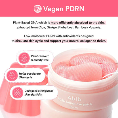 Vegan PDRN eye patch packaging with text about plant-based DNA and benefits.