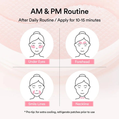 AM & PM Routine diagram for applying Abib eye patches to face on a pink background