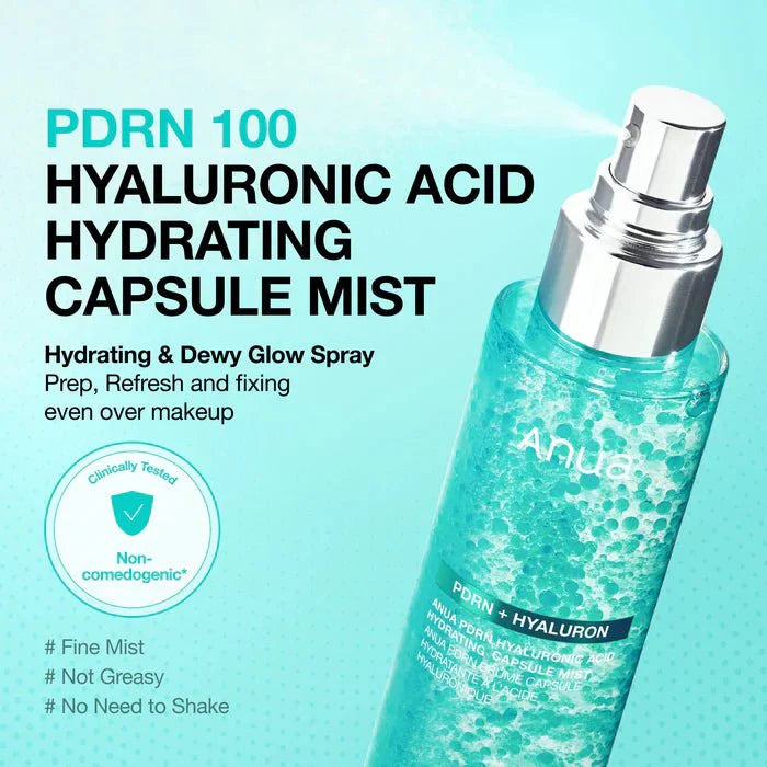 Anua PDRN 100 mist bottle spraying a fine cloud of hydrating serum for makeup fixing and prep.
