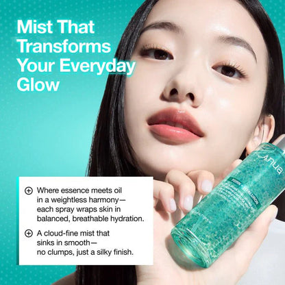 Woman holding Anua serum spray showing dewy skin and fine mist application for a silky finish.