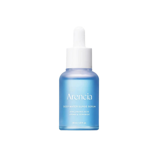 Front view of Arencia Deep Water Surge Serum in a frosted blue 30ml glass bottle with a white dropper and clean branding.