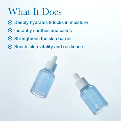Two blue bottles of Serum floating on a white background with text highlighting hydration, soothing, and barrier repair.
