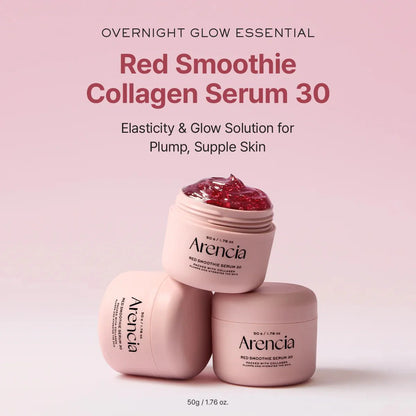 Arencia Red Smoothie Collagen Serum 30 jars stacked on a pink background, highlighting the "Overnight Glow Essential.