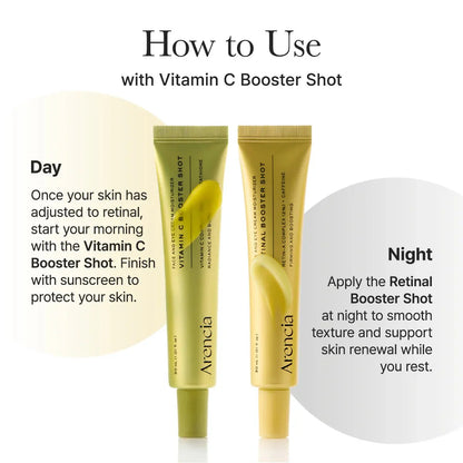 Comparison guide showing Vitamin C for morning use and Retinal Booster for night skin renewa
