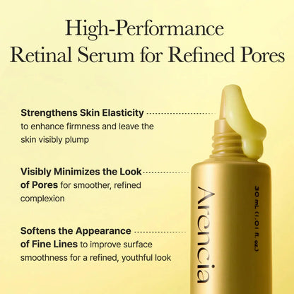 Close-up of yellow serum texture with highlights on pore-minimizing and elasticity-boosting benefits.