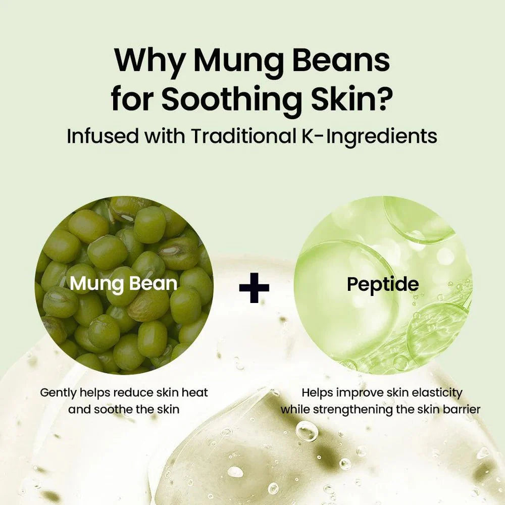 Infographic showing Mung Bean and Peptide benefits for soothing skin heat and improving elasticity in skincare.