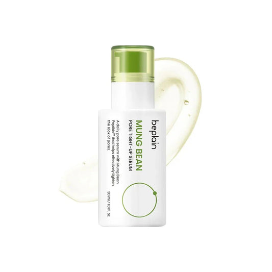 Studio shot of the Beplain Mung Bean Pore Tight-Up Serum 30ml pump bottle on a clean white background.