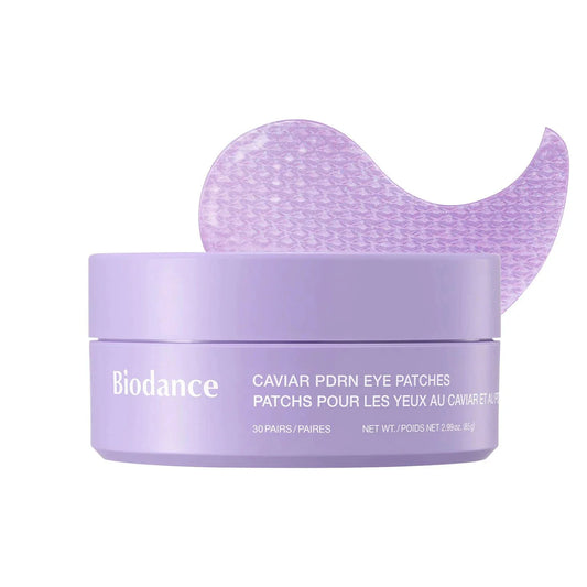 A single jar of Biodance Caviar PDRN Eye Patches (30 pairs) with one purple hydrogel patch visible.