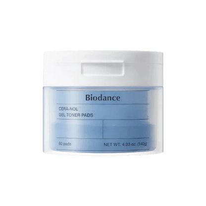 Product shot of the Biodance Cera-nol Gel Toner Pads 60-count white and blue jar.