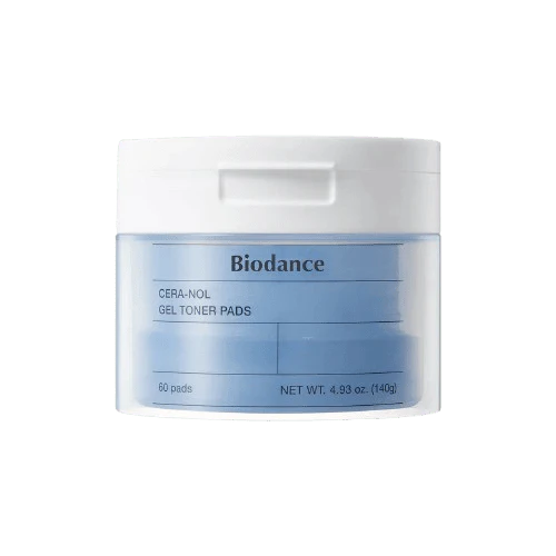 Product shot of the Biodance Cera-nol Gel Toner Pads 60-count white and blue jar.