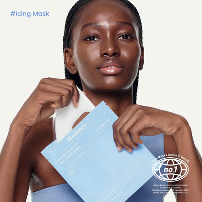 Model holding a blue Biodance facial sheet mask packet labeled "no. 1 face masks online in the US."