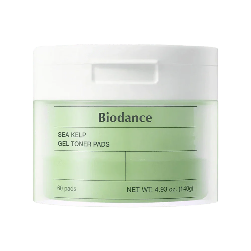 Biodance Sea Kelp Gel Toner Pads 60-count tub on a white background.