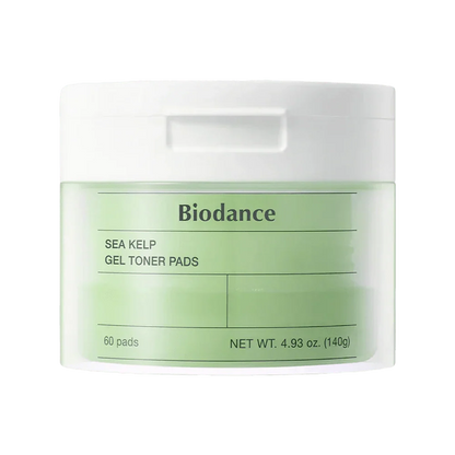Biodance Sea Kelp Gel Toner Pads 60-count tub on a white background.