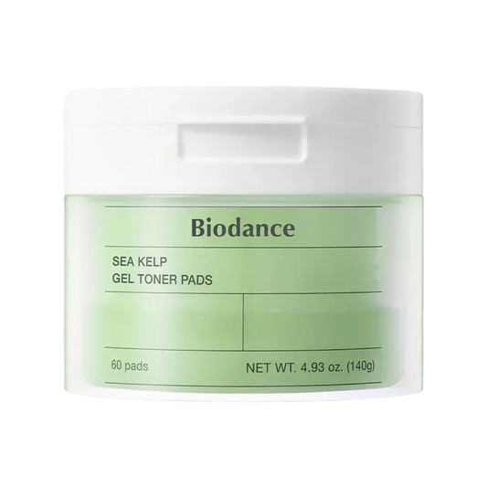 Biodance Sea Kelp Gel Toner Pads 60-count tub on a white background.