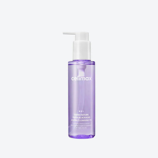 Purple bottle of Celimax Derma Nature Fresh Blackhead Jojoba Cleansing Oil with a white pump dispenser.