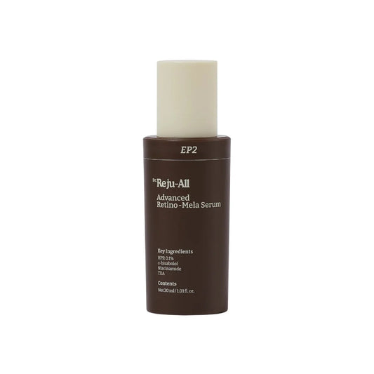 Dr. Reju-All Advanced Retino-Mela Serum bottle featuring HPR 0.1%, Niacinamide, and Tranexamic Acid for dark spots.