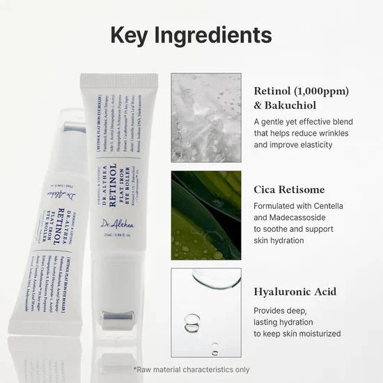 Key ingredients list featuring Retinol, Bakuchiol, and Hyaluronic Acid.