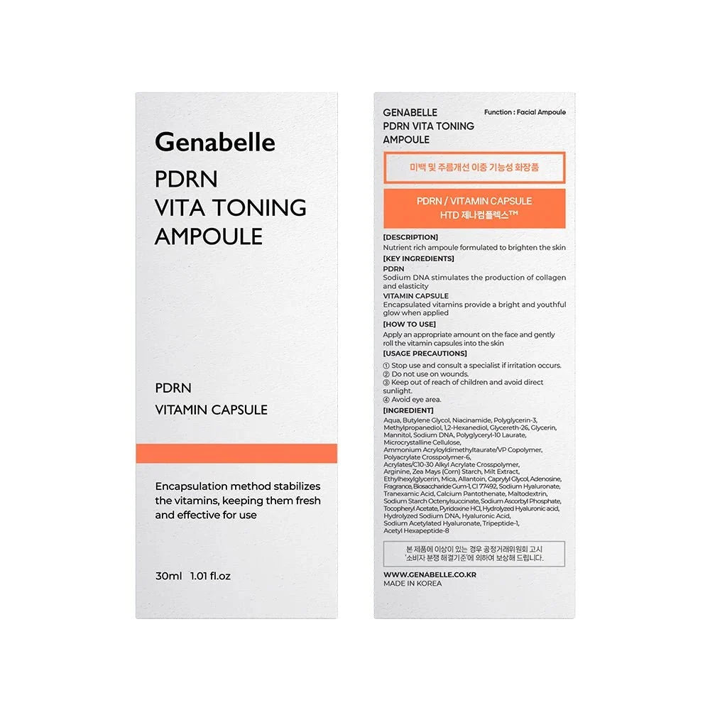 Genabelle PDRN Vita Toning Ampoule outer packaging box with ingredient list and instructions.