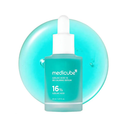Medicube Azelaic Acid 16 Calming Serum bottle on a turquoise liquid background.