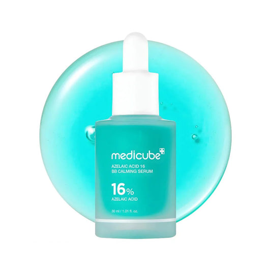 Medicube Azelaic Acid 16 Calming Serum bottle on a turquoise liquid background.