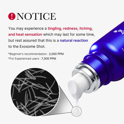 Warning notice explaining natural tingling, redness, and heat sensations after using Exosome Shot ampoule.