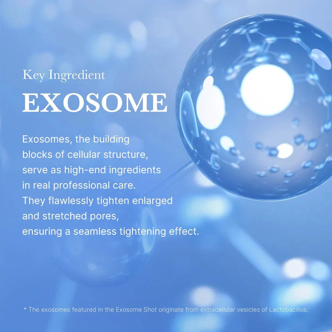 Close-up of Lacto Exosome bubbles illustrating high-end pore-tightening ingredients.