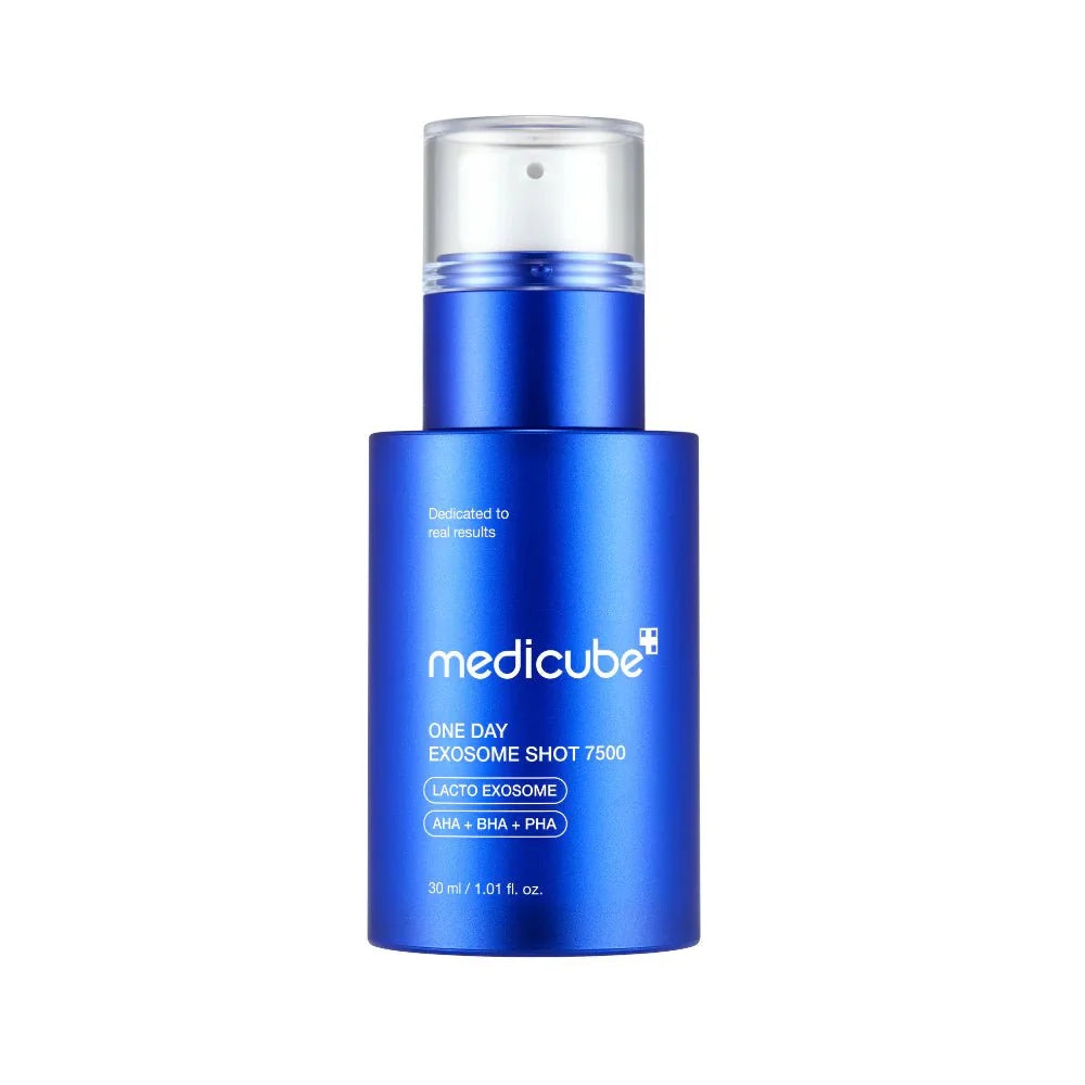Sleek blue bottle of Medicube One Day Exosome Shot 7500 with a clear pump lid.