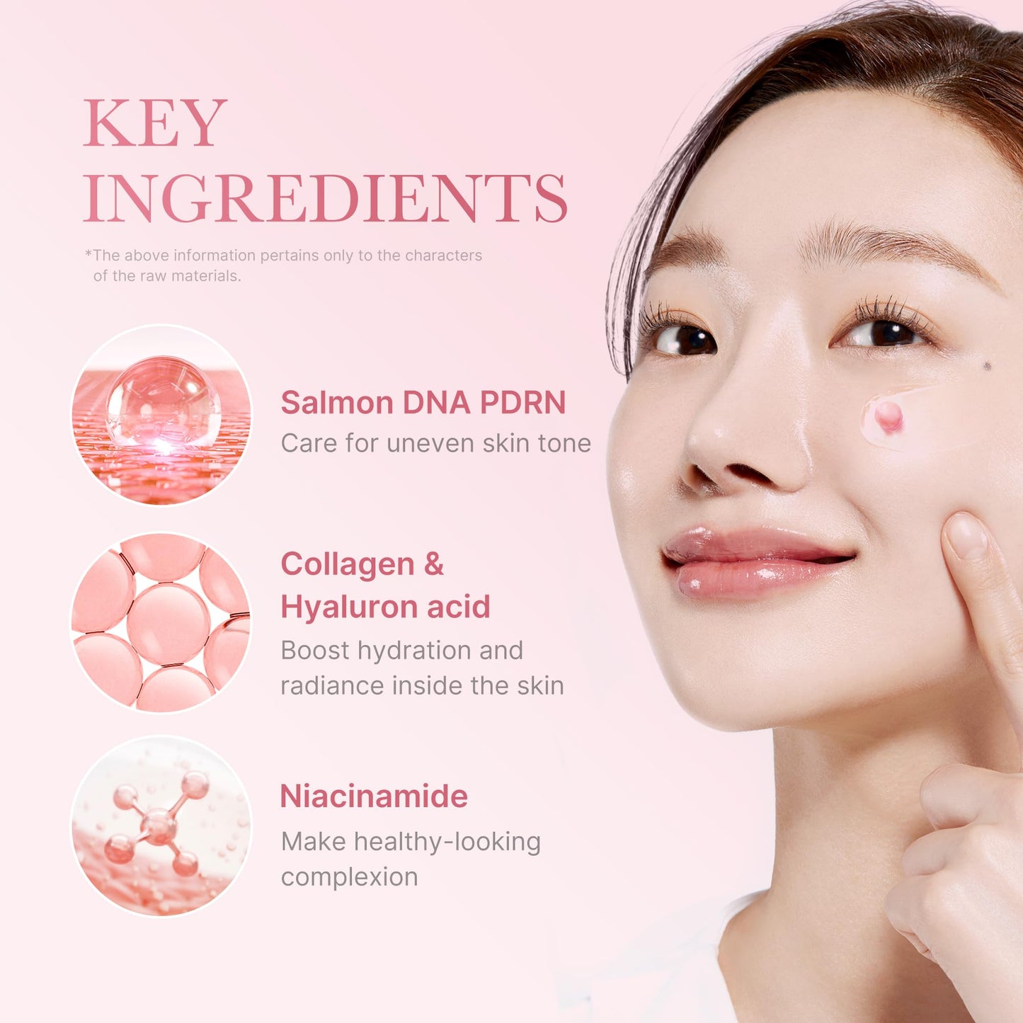 Model applying pink collagen cream with highlights of Salmon DNA, Collagen, and Niacinamide.