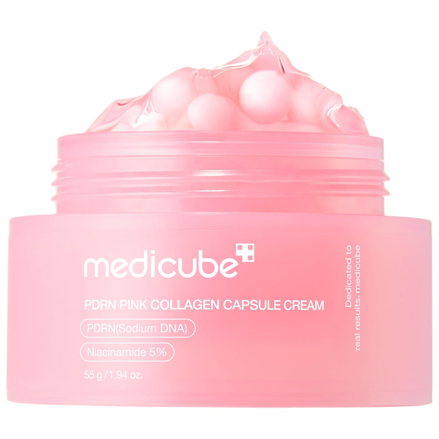 Medicube PDRN Pink Collagen Capsule Cream jar showing pink gel and spheres.