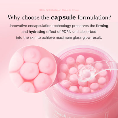 Close-up of pink collagen capsules in a clear gel for maximum skin absorption.