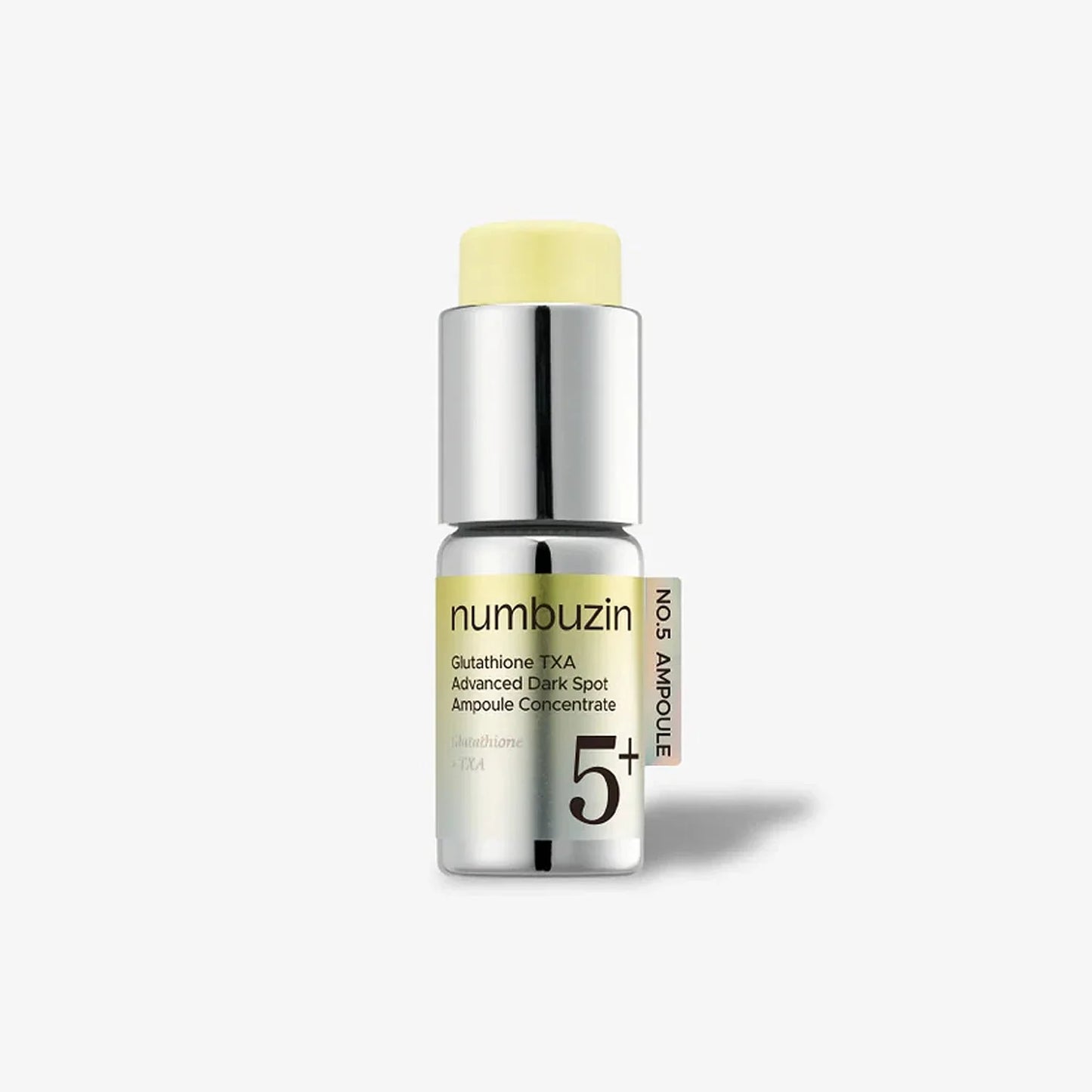 numbuzin No.5 Glutathione TXA Advanced Dark Spot Ampoule Concentrate silver bottle with yellow cap.