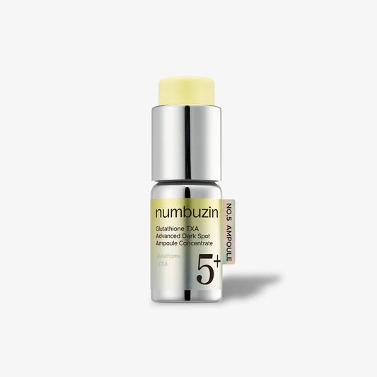 numbuzin No.5 Glutathione TXA Advanced Dark Spot Ampoule Concentrate silver bottle with yellow cap.
