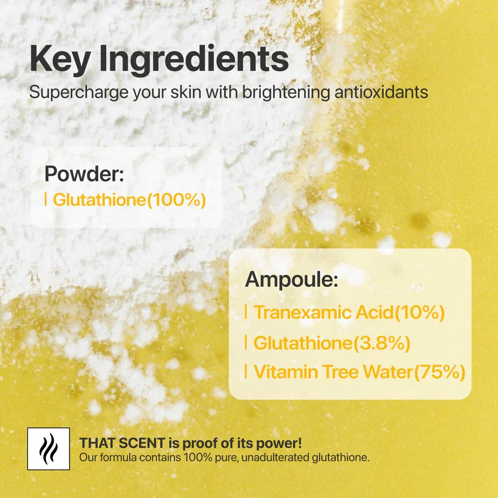 List of key ingredients: 100% Glutathione powder and 10% Tranexamic Acid ampoule liquid.