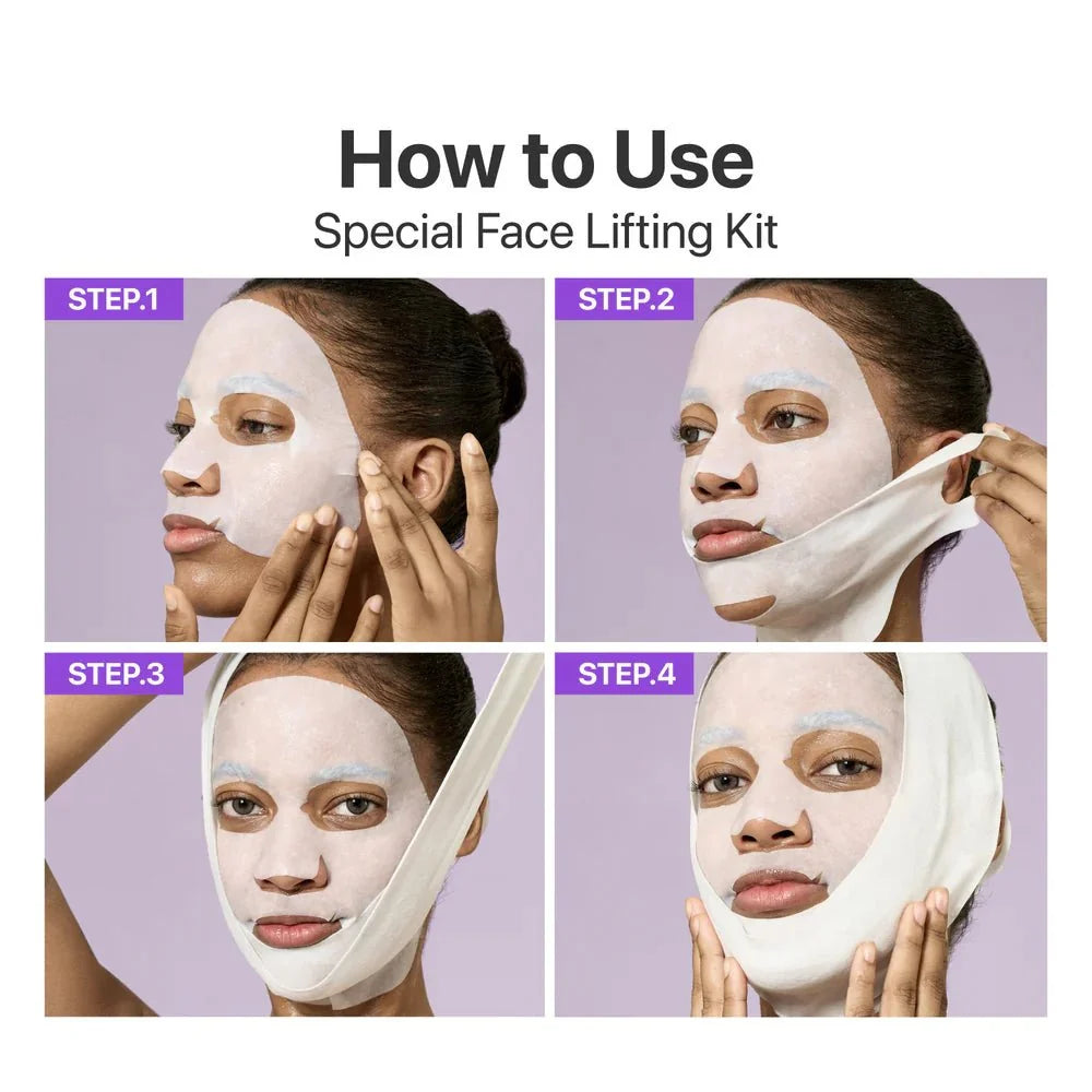 Four-step visual guide on how to apply the Numbuzin No.9 lifting sheet mask and chin band.