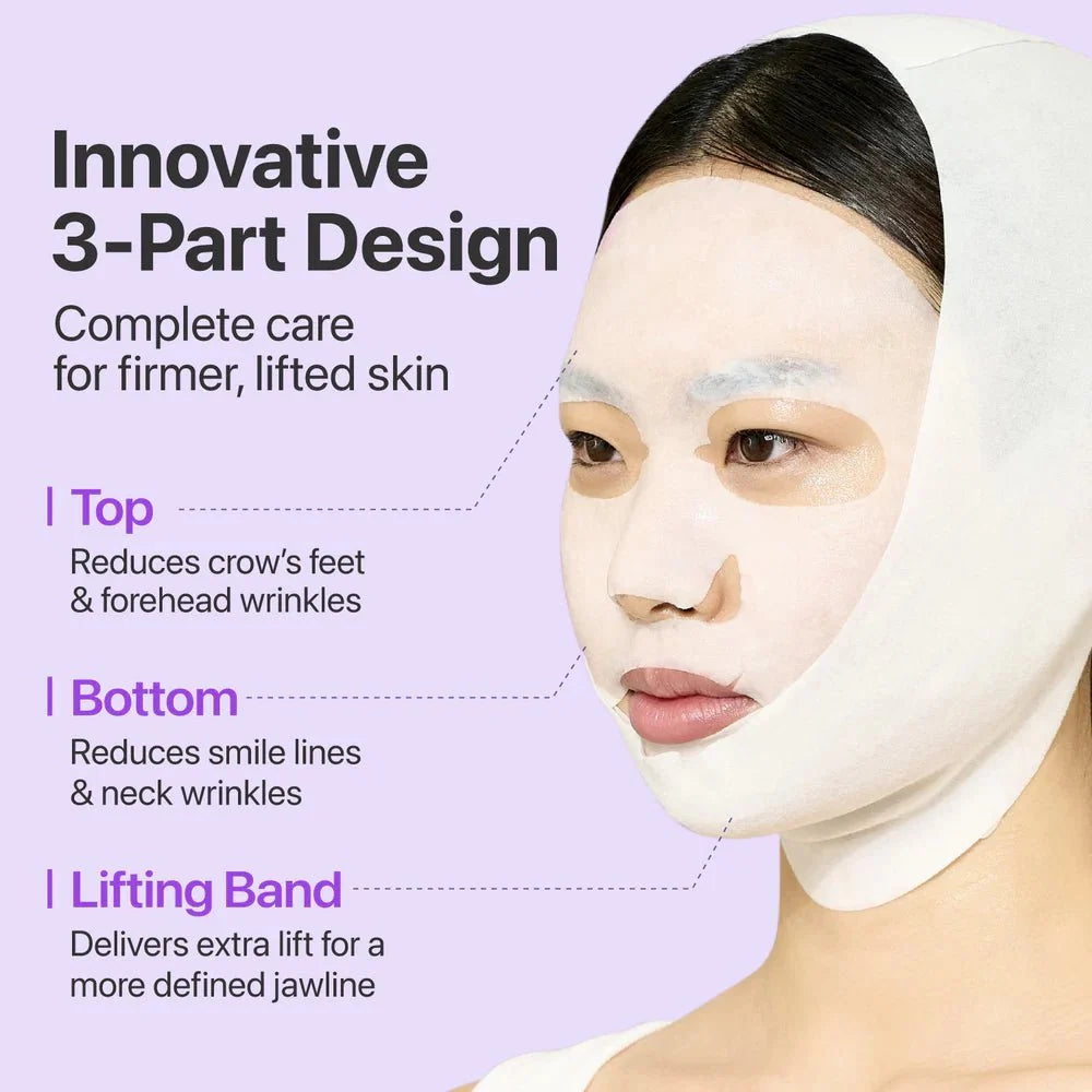 Diagram showing how the 3-part mask design targets forehead wrinkles, smile lines, and the jawline.