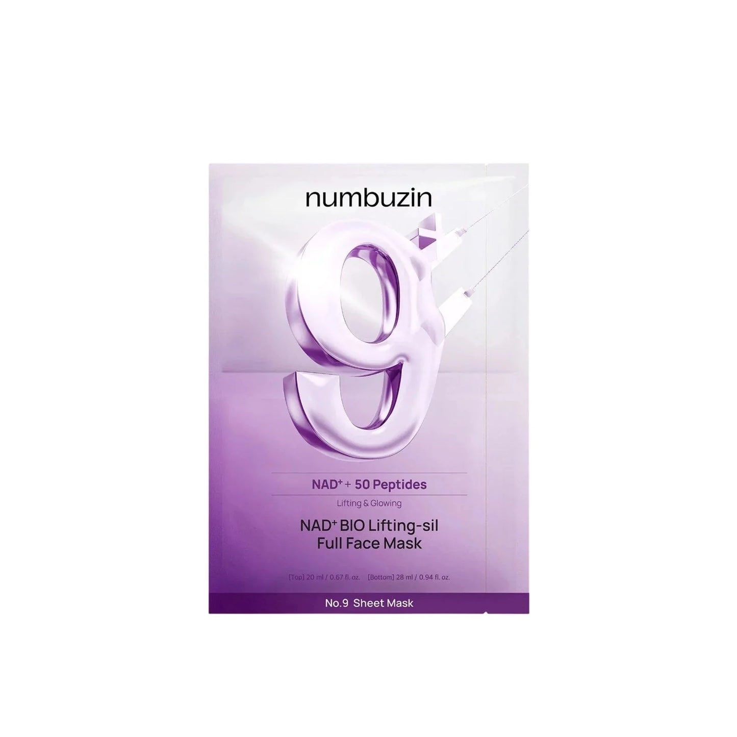 Packaging of Numbuzin No.9 NAD+ BIO Lifting-sil Full Face Mask with 50 peptides.