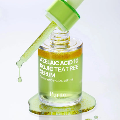 Purito Azelaic Acid 10 Kojic Tea Tree Serum bottle with dropper showing product texture.