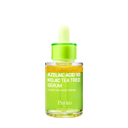 A bottle of Purito Azelaic Acid 10 Kojic Tea Tree Serum on a white background.