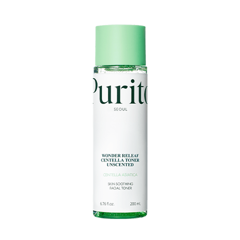 Studio product shot of the 200ml Purito Wonder Releaf Centella Toner Unscented bottle on a white background.