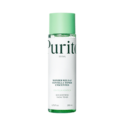Studio product shot of the 200ml Purito Wonder Releaf Centella Toner Unscented bottle on a white background.