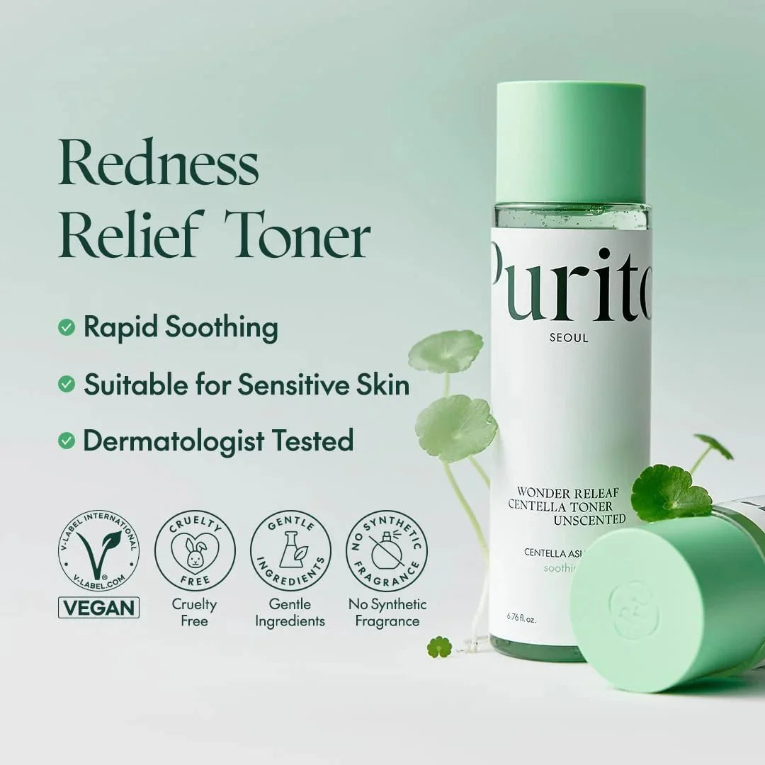 Purito Wonder Releaf Centella Toner with benefit icons showing it is vegan, cruelty-free, and dermatologically tested.