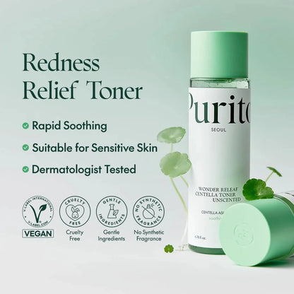 Purito Wonder Releaf Centella Toner with benefit icons showing it is vegan, cruelty-free, and dermatologically tested.